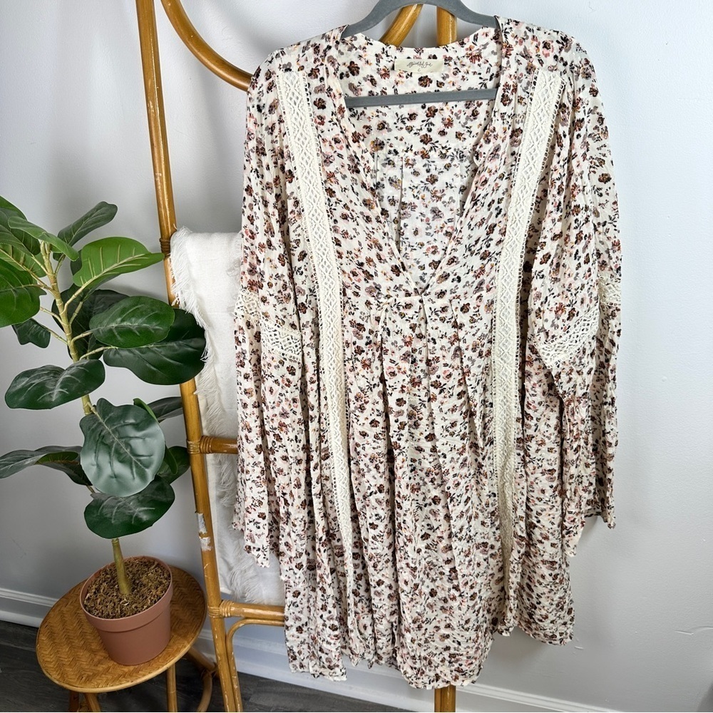 Boho Floral Cream Tunic Dress with Lace Trim